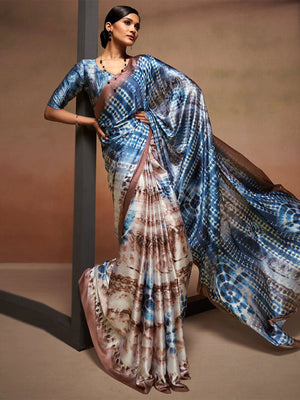 Rajwada Blue And Brown Satin Printed Saree With Unstitched Blouse For Women