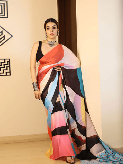 Rajwada Multicolor Satin Printed Saree With Unstitched Blouse For Women