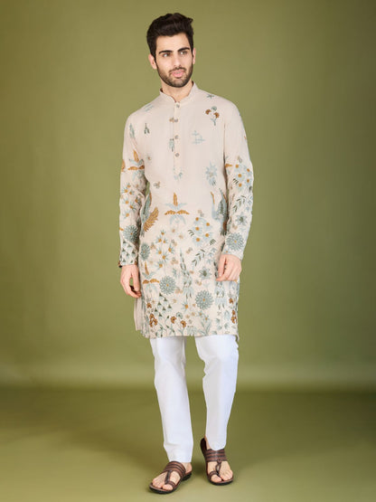 Rajwada Ivory Viscose Rayon Stitched Kurta For Men