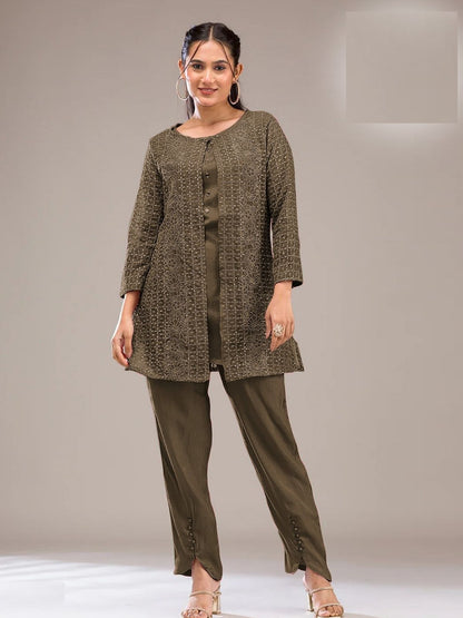 Rajwada Olive Poly Crepe Solid Semi Stitched Kurta Set For Women