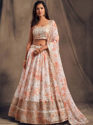 Rajwada White Organza Printed And Embriodered Semi-Stitched Lehenga For Women