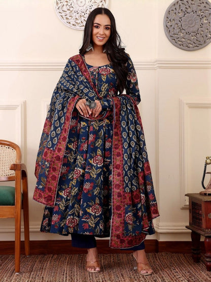 Rajwada Navy Blue Rayon Printed Stitched Kurta Set For Women