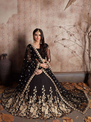 Rajwada Black Silk Blend Embroidered Semi-Stitched lehenga For Women
