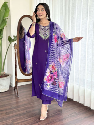 Rajwada Navy Blue Viscose Embroidered Stitched Kurta Set For Women