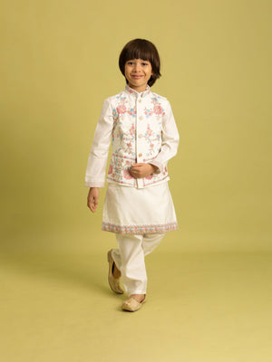 Rajwada White Viscose Silk Embroidered Stitched Kurta Set For Kids