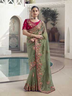 Rajwada Olive Embroidered Organza Saree With Unstitched Blouse For Women