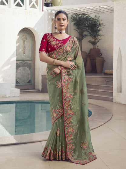 Rajwada Olive Embroidered Organza Saree With Unstitched Blouse For Women