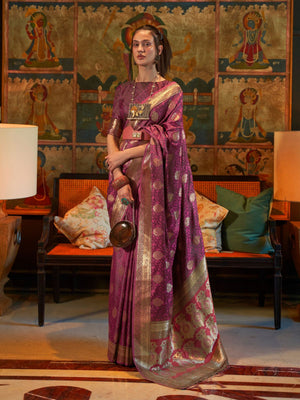 Rajwada Purple Silk Blend Woven Saree With Unstitched Blouse for Women