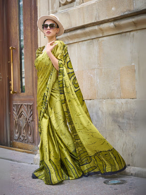 Rajwada Green Satin Printed Saree With Unstitched Blouse For Women