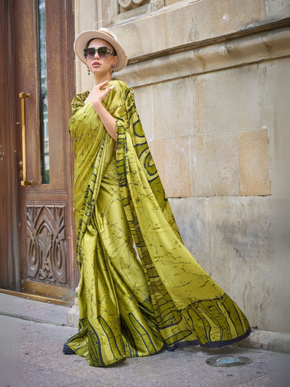 Rajwada Green Satin Printed Saree With Unstitched Blouse For Women