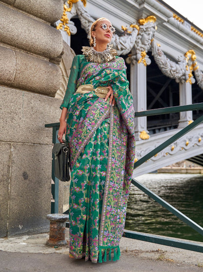 Rajwada Green Organza Woven Saree With Unstitched Blouse For Women