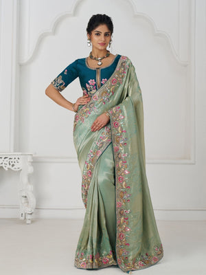 Rajwada Light Green Viscose Silk Embroidered Saree For Women