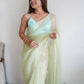 Rajwada Light Green Organza Embroidered Saree With Unstitched Blouse For Women