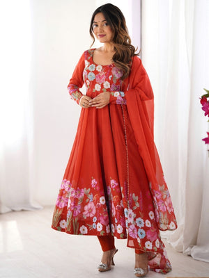 Rajwada Orange Georgette Printed Stitched Kurta Set For Women