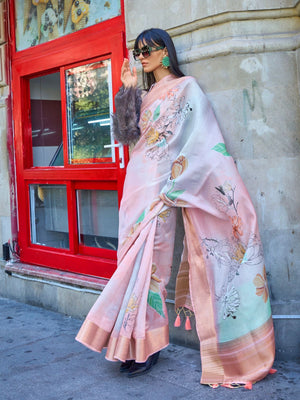 Rajwada Pink Satin Printed Saree With Unstitched Blouse For Women