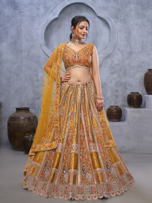 Rajwada Mustard Organza Embellished Semi-Stitched Lehenga With Unstitched Blouse For Women
