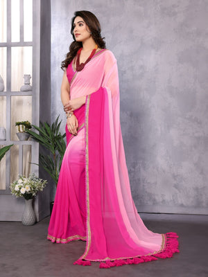 Rajwada Pink Georgette Lace Work Saree With Unstitched Blouse For Women