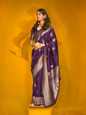 Rajwada Purple Silk Blend Woven Saree With Unstitched Blouse For Women