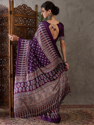 Rajwada Purple Silk Blend Printed Elegant Saree For Women
