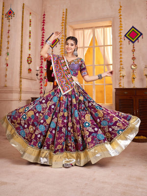 Rajwada Purple Cotton Blend Embroidered  Semi-Stitched Lehenga For Women