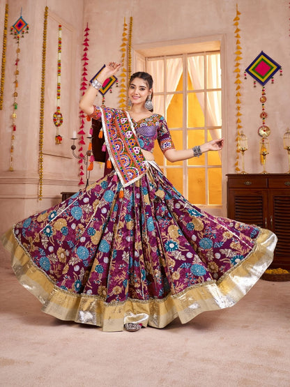 Rajwada Purple Cotton Blend Embroidered  Semi-Stitched Lehenga For Women