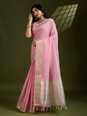 Rajwada Pink Silk Blend Woven Checked Saree For Women
