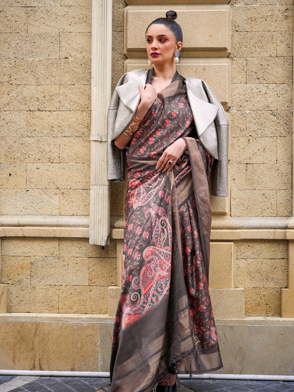 Rajwada Beige Silk Blend Printed Saree With Unstitched Blouse For Women