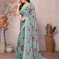 Rajwada Teal Satin Printed Saree With Unstitched Blouse For Women