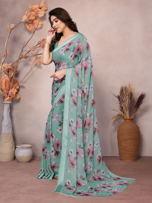 Rajwada Teal Satin Printed Saree With Unstitched Blouse For Women