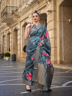 Rajwada Green Poly Brasso Woven Saree With Unstitched Blouse For Women