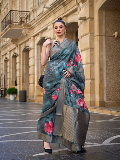 Rajwada Green Poly Brasso Woven Saree With Unstitched Blouse For Women