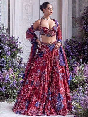 Rajwada Red Silk Blend Embellished Semi Stitched Lehenga For Women