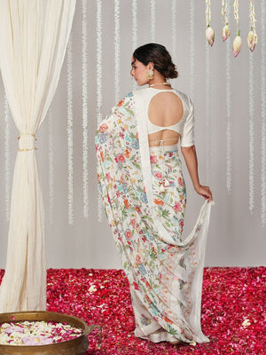 Rajwada White Georgette Printed Saree With Unstitched Blouse For Women
