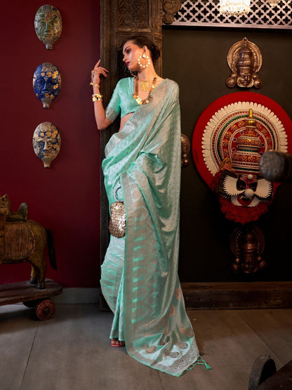 Rajwada Green Satin Woven Saree With Unstitched Blouse For Women