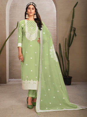 Rajwada Green Organza Embroidered Semi-Stitched Kurta Set For Women
