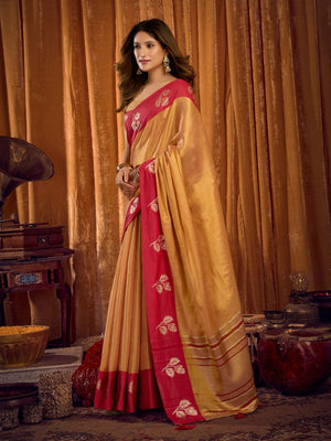 Rajwada Golden And Red Silk Blend Solid Saree For Women