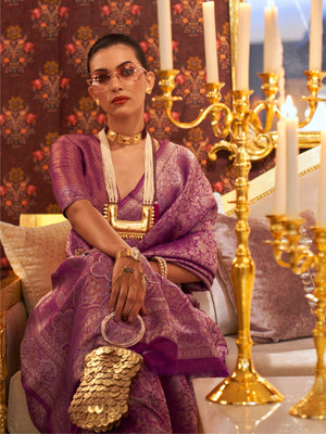 Rajwada Purple Silk Blend Woven Saree With Unstitched Blouse For Women