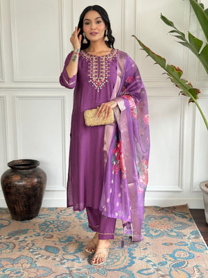 Rajwada Purple Viscose chanderi Embroidered Stitched Kurta Set For Women