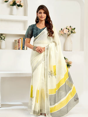 Rajwada White Cotton Linen Zari Work Saree For Women