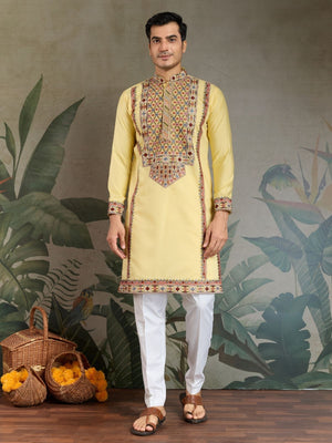 Rajwada Yellow Viscose Silk Embroidered Stitched Kurta For Men