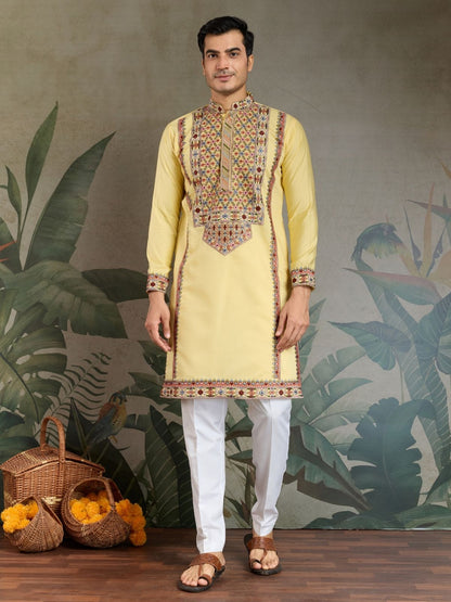 Rajwada Yellow Viscose Silk Embroidered Stitched Kurta For Men
