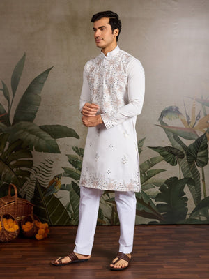 Rajwada White Silk Blend Embroidered Stitched Kurta For Men