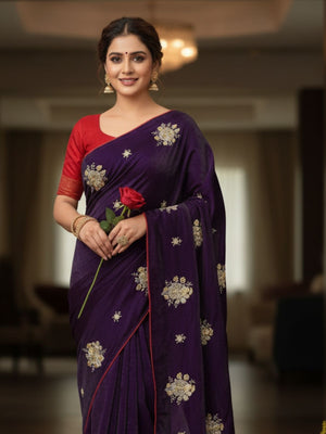 Rajwada Dark Purple Silk Blend Embroidered Solid Saree For Women