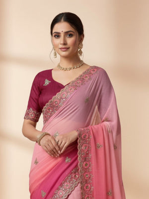 Rajwada Light Pink Georgette Embellished Solid Saree For Women
