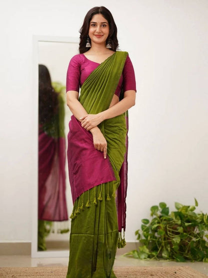 Rajwada Olive Cotton Blend Solid Saree For Women