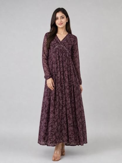 Wine Georgette Printed Dress