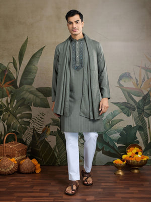 Rajwada Green Viscose Rayon Embellished Stitched Kurta For Men
