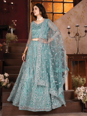 Rajwada Blue Net Embroidered Semi-Stitched lehenga For Women