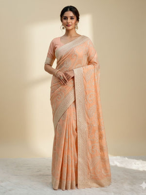 Rajwada Light Orange Organza Embroidered Solid Saree For Women