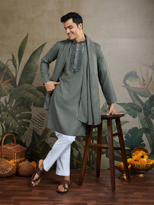 Rajwada Green Viscose Rayon Embellished Stitched Kurta For Men